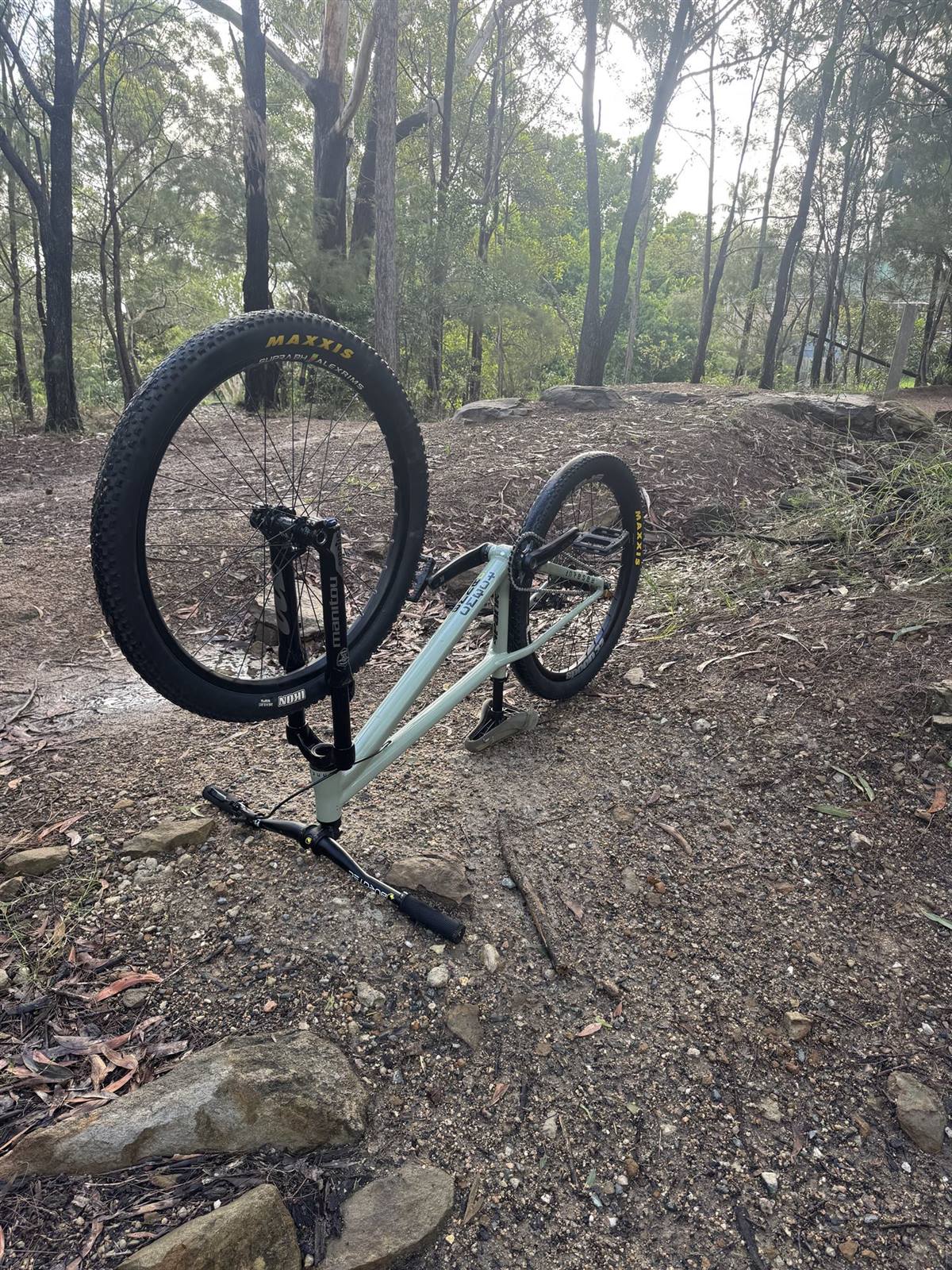 Hardtail mountain bike parked on a bush trail